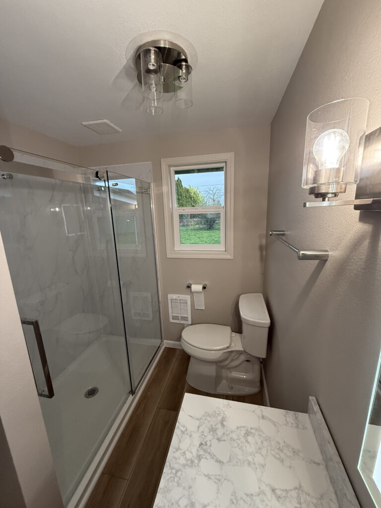 Full modern bathroom remodel with walk in shower in Eugene, Oregon