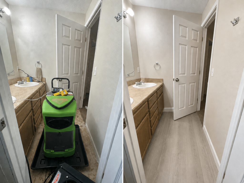 Before and after bathroom water damage repair in Veneta, Oregon with drying equipment removed and new flooring installed.