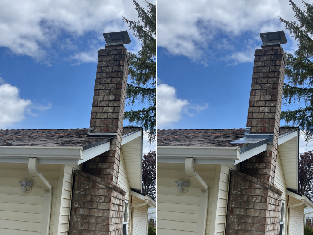 Chimney flashing repair in Veneta, Oregon showing new metal flashing installed around the chimney to help prevent roof leaks and improve weather protection.