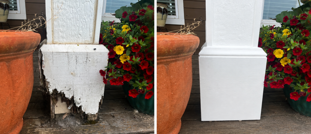 Porch column before and after dry rot repair in Springfield, Oregon