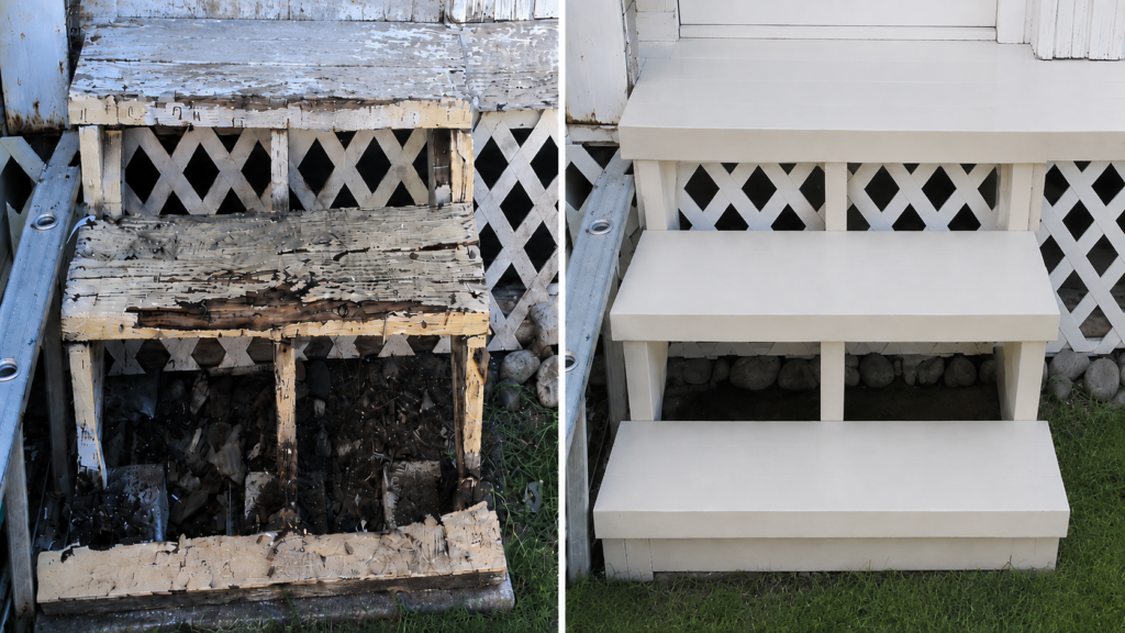 Before/After porch steps dry rot repair in Eugene, Oregon.