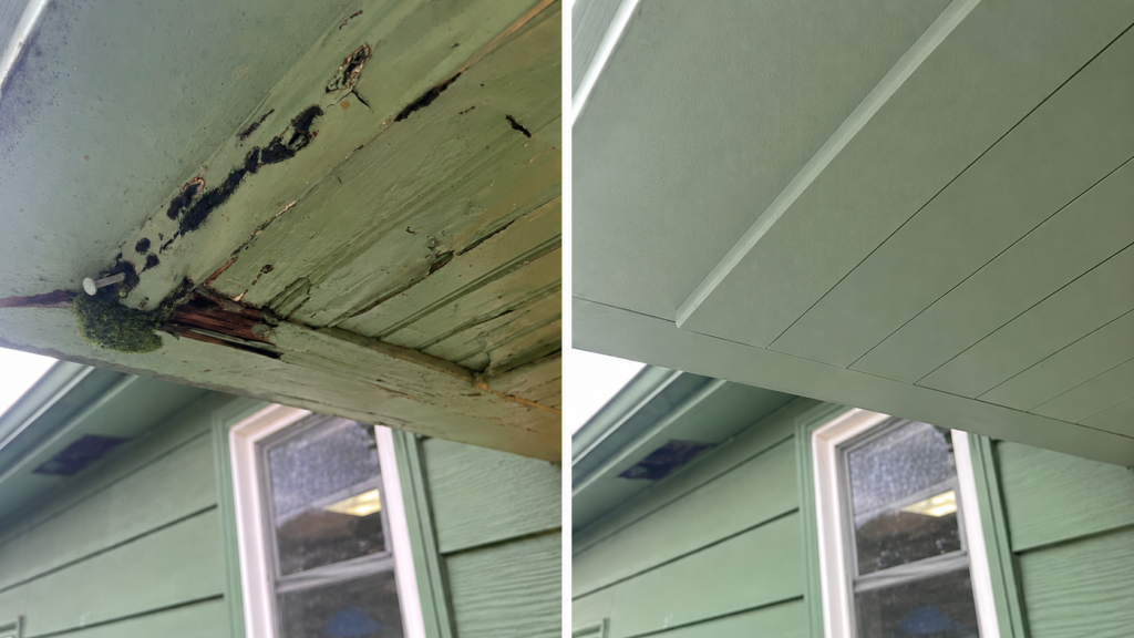 Before/After fascia dry rot repair in Veneta, Oregon.