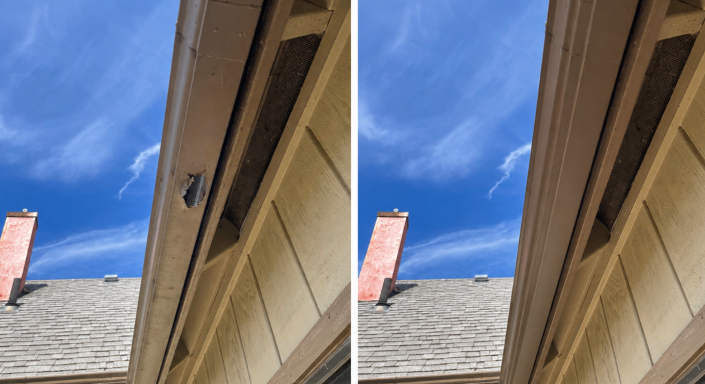 Gutter replacement in Pleasant Hill, Oregon showing damaged gutter removed and replaced with a new seamless gutter for improved roof drainage.