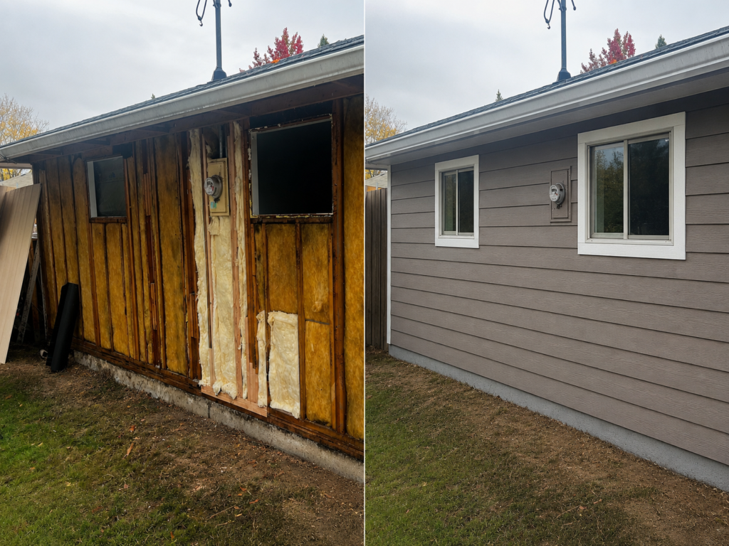 Before and after siding installation in Junction City, Oregon showing exposed wall framing and insulation replaced with new horizontal gray siding, white trim, and a finished exterior wall.