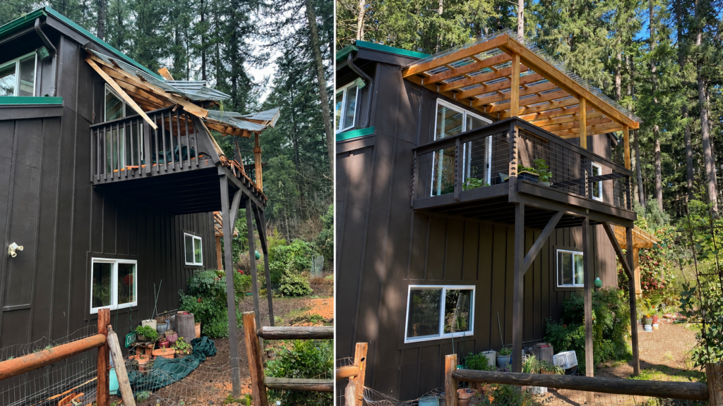 Before and after storm damage repair of an elevated deck and covered balcony with new cable railing in Eugene, Oregon.