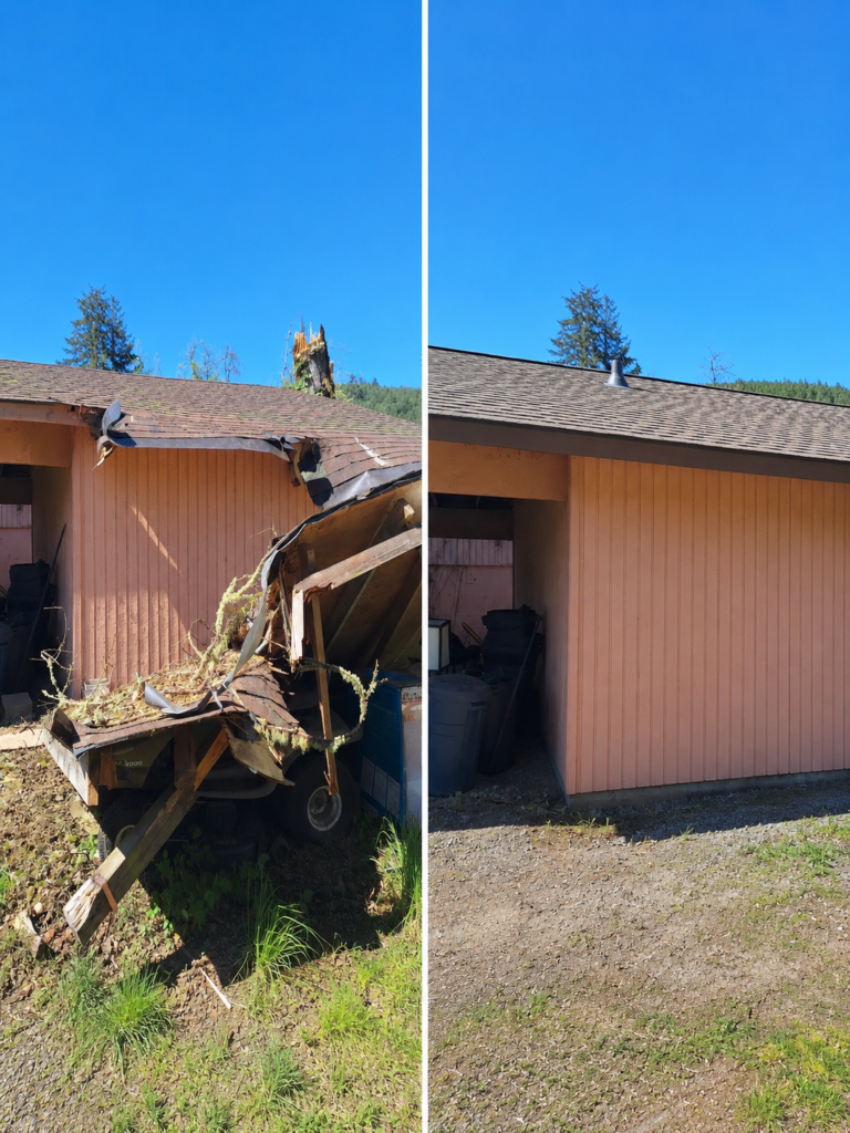 Before and after storm damage repair in Springfield, Oregon showing severe tree impact to a garage and roof repaired with restored framing, roofing, siding, and exterior finishes.