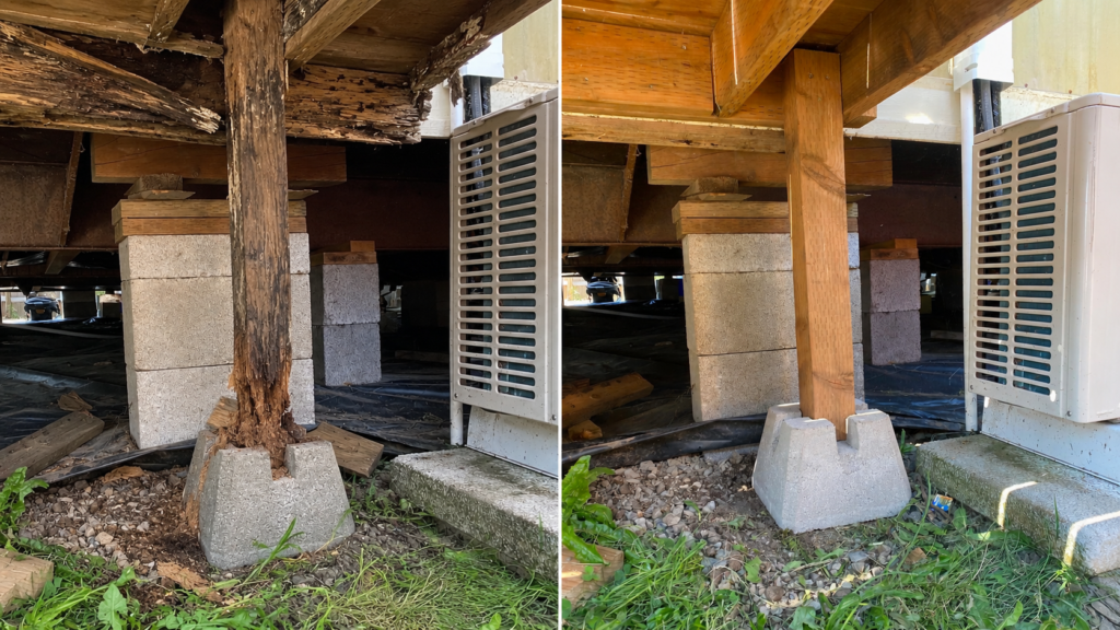 Before/After structural post repair in Junction City, Oregon.