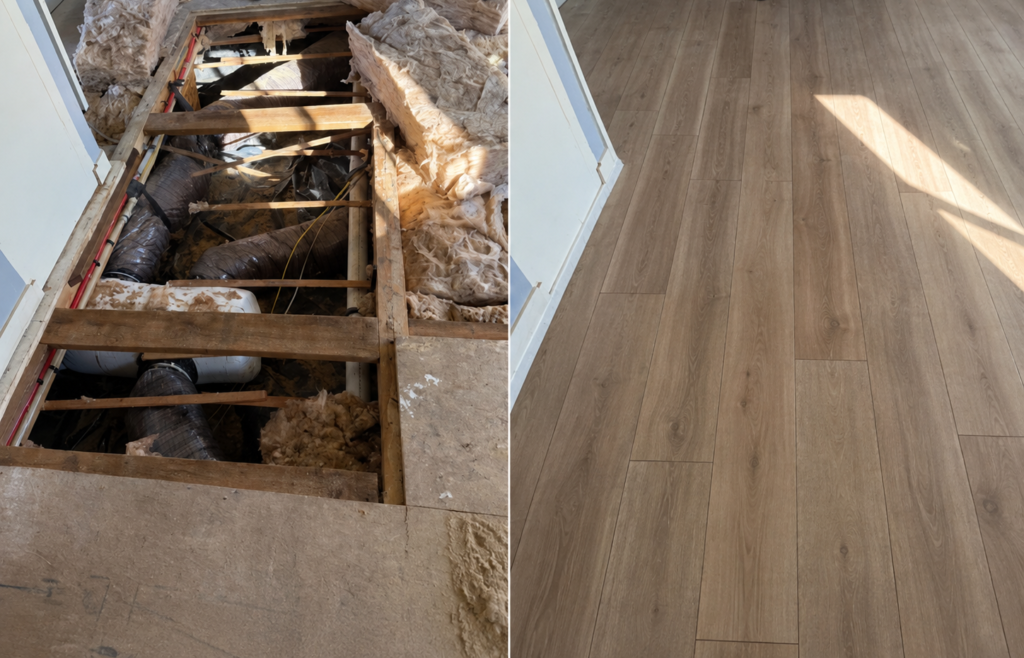 Subfloor repair and LVP install in Creswell, Oregon.
