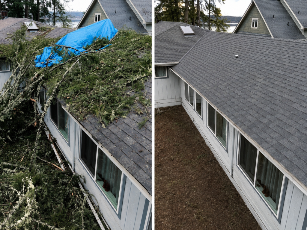 Before and after tree damage repair in Eugene, Oregon showing a roof covered by fallen branches restored with repaired shingles, flashing, and a cleared roof surface.