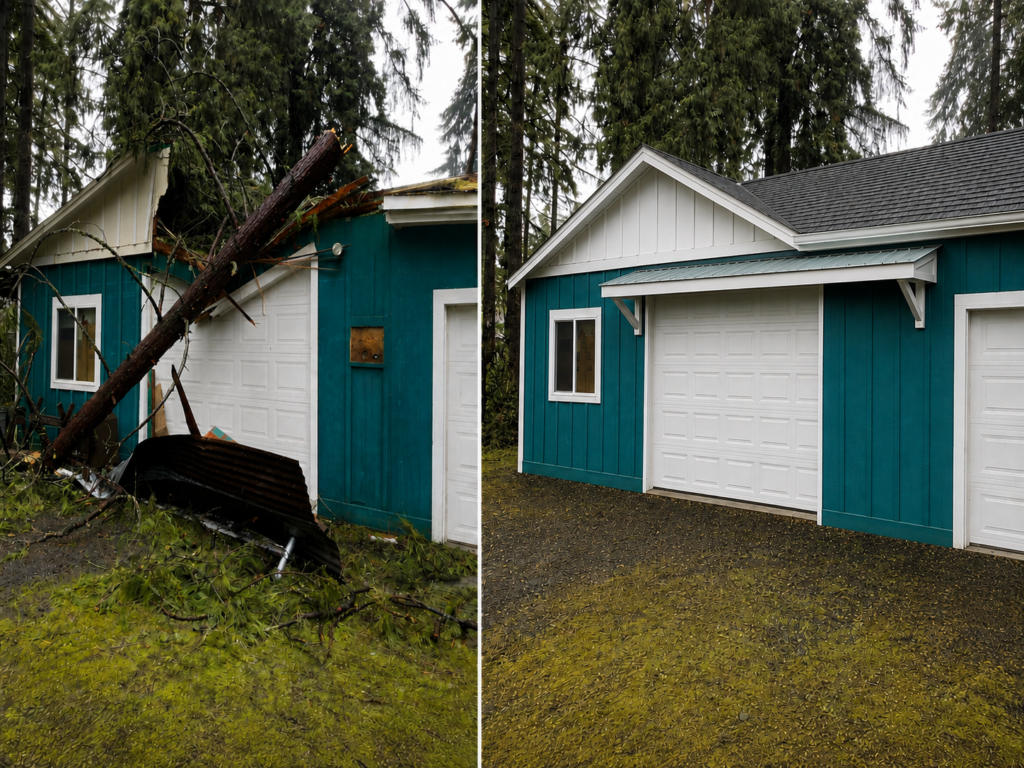 Before and after tree damage repair in Veneta, Oregon showing a storm-damaged garage roof and exterior restored with repaired roofing, siding, trim, and debris removal.