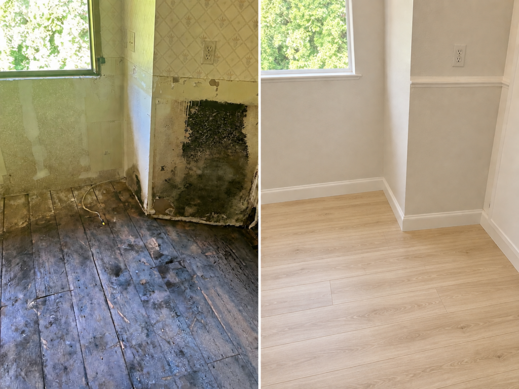 Before and after water damage restoration in Eugene, Oregon with moisture-damaged walls and flooring fully repaired and refinished.