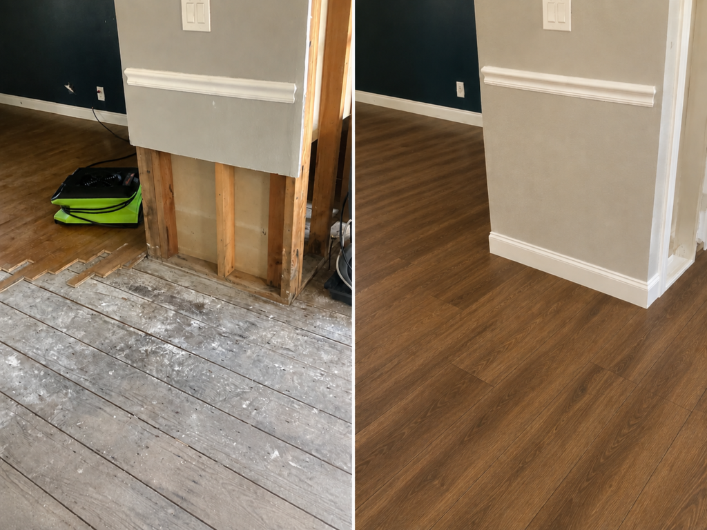 Before and after water damage restoration in Springfield, Oregon showing repaired drywall, trim, wall framing, and new flooring.