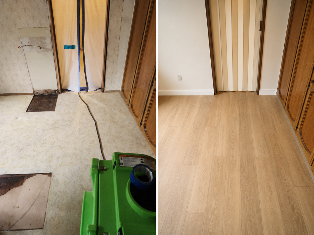 Before and after water damage restoration in Creswell, Oregon with damaged flooring and walls repaired and new flooring installed.