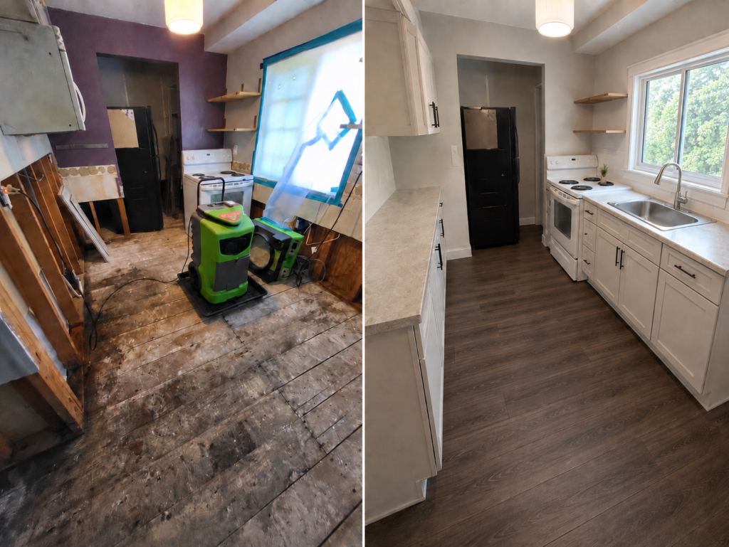 Before and after kitchen water damage restoration in Junction City, Oregon with repaired walls, cabinets, sink, flooring, and finishes.