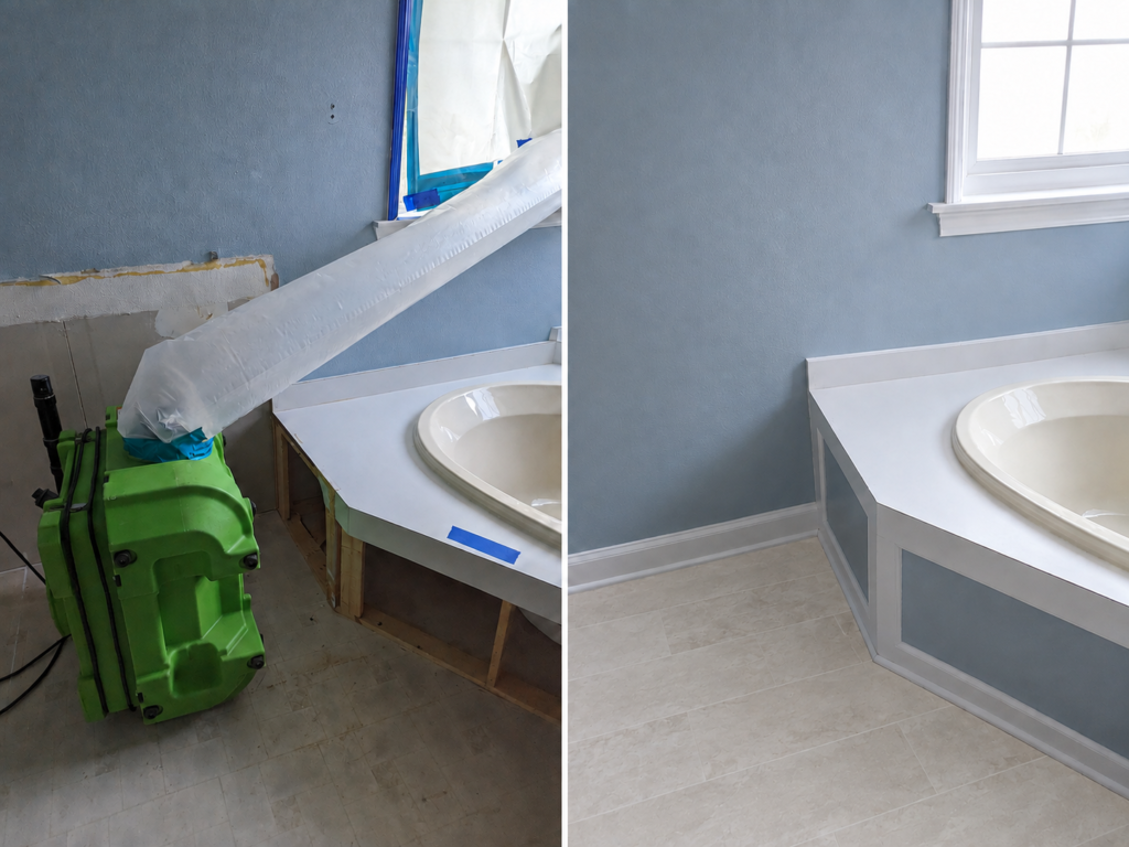Before and after bathroom water damage repair in Pleasant Hill, Oregon with restored drywall, vanity area, trim, and new flooring.
