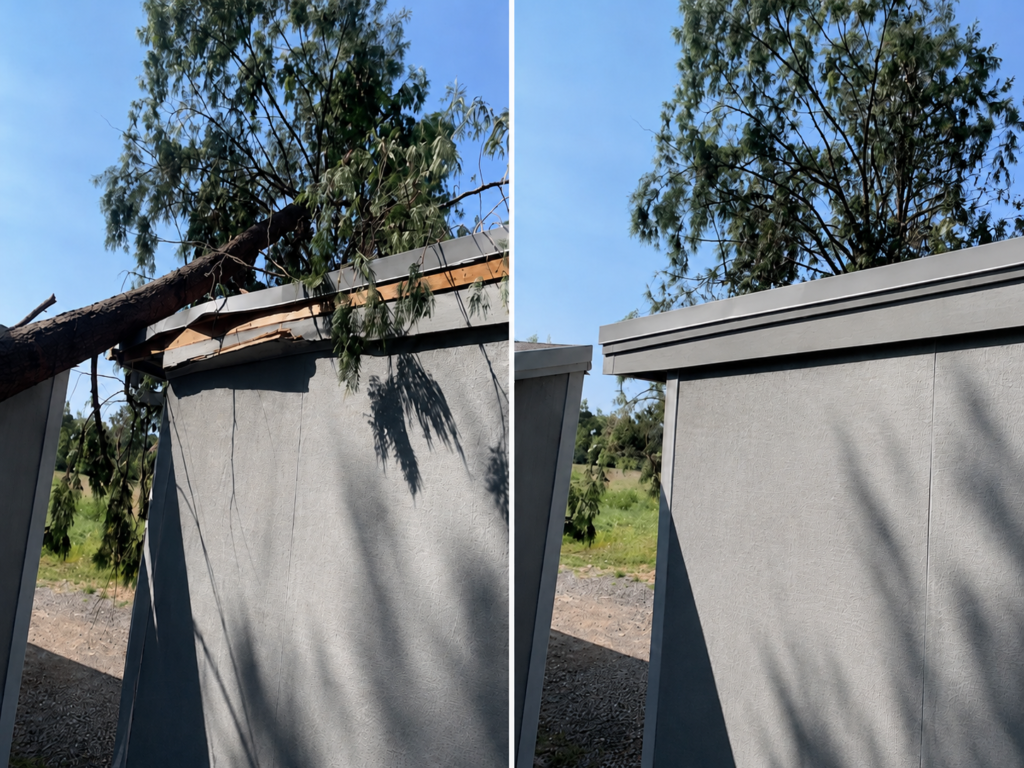 Before and after wind and tree damage repair in Junction City, Oregon showing damaged roof trim and fascia restored with new metal trim and repaired exterior materials.