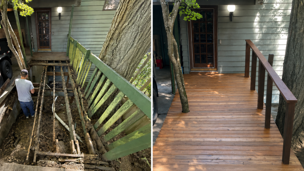 This is a before and after of a dry rot repair project in Eugene, OR. Gutted the rotted wood and replaced it with pressure treated wood with new deck.
