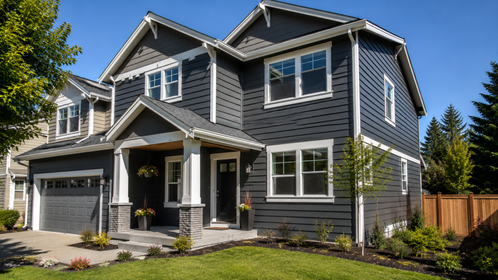 Exterior painting using blue uv paint and white paint for trim in Eugene, Oregon.