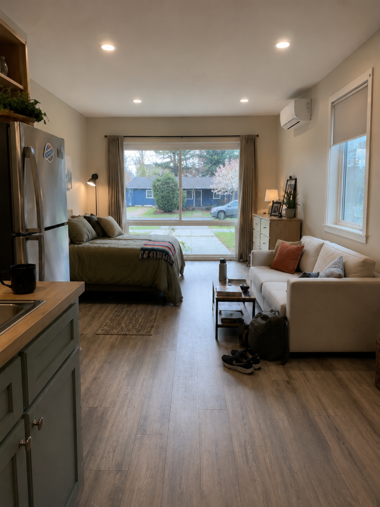This space was converted from a garage to an extra room with new flooring, windows and sliding glass door in Springfield, Oregon. 