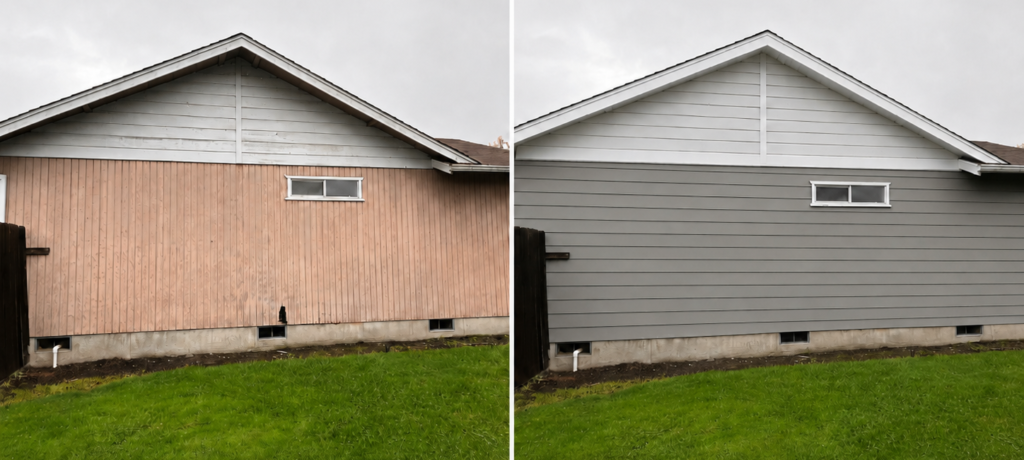 Before and after siding replacement in Eugene, Oregon showing worn vertical wood siding updated with new horizontal gray siding, fresh paint, and white trim.